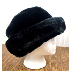 Vintage Black Faux Fur Cloche Hat Winter Bucket Style Made in Korea 80s 90s